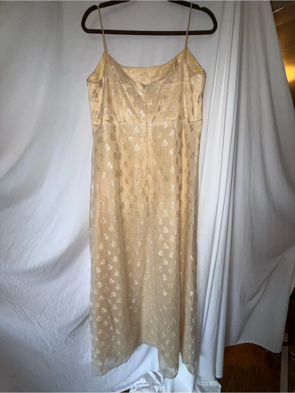 Elegant pale yellow Slip Dress with Metallic Floral Detail